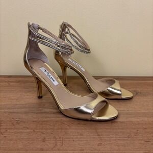 NINA Viktora Ankle Strap Heel Sandal Platino Gold Women Size 6.5 Formal Party